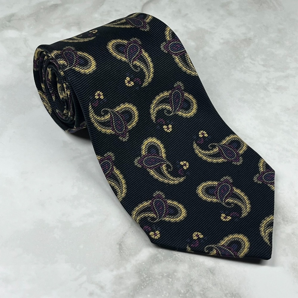 Gitman Bros Saks Fifth‎ Ave Repp Silk Men's Necktie Paisley Black Purple USA